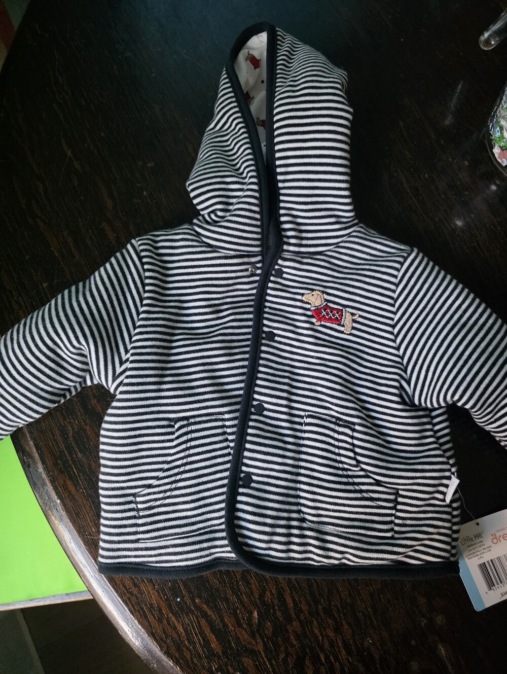 Striped Hooded Jacket with Dog Patch - Navy & White